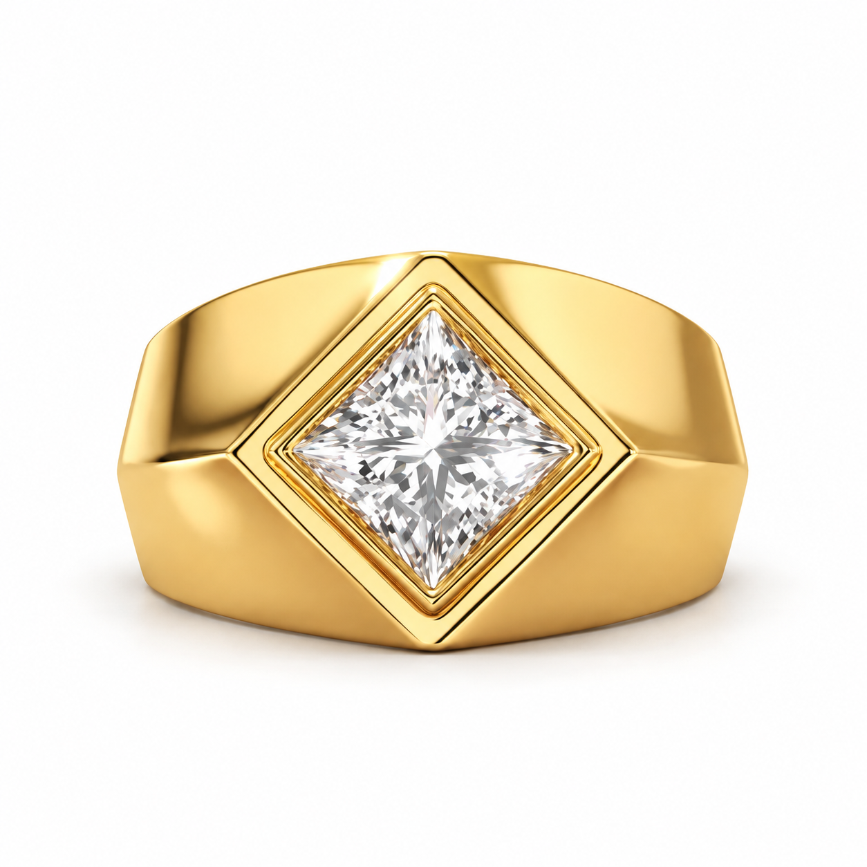 Princess Cut Solitaire Yellow Gold-Tone Geometric Signet Ring