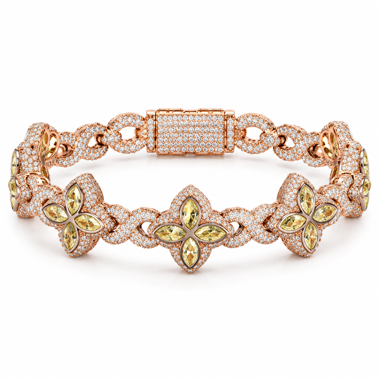 Iced Out Yellow Four Petal Flower Bracelet | Rose Gold Hip Hop Jewelry