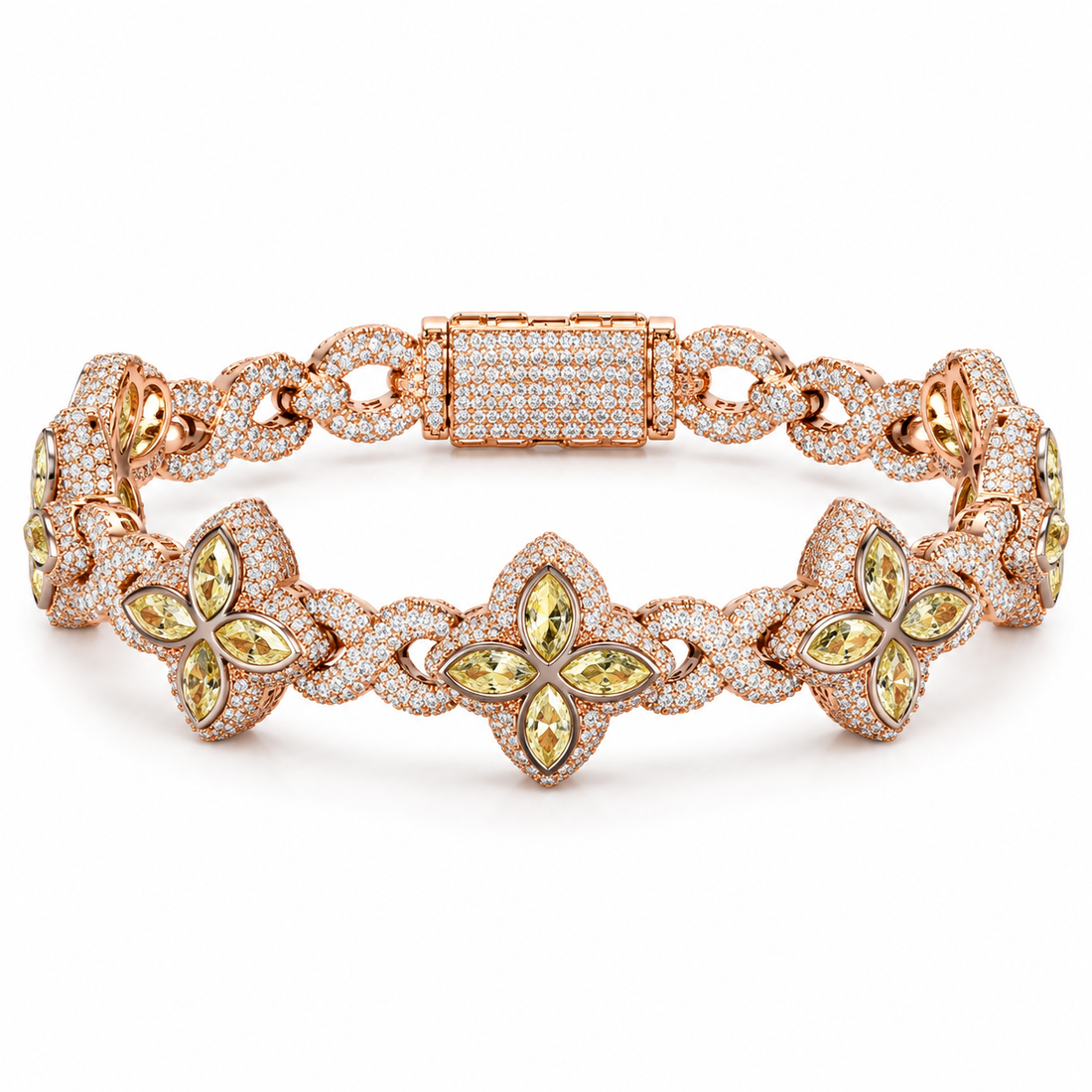 Iced Out Yellow Four Petal Flower Bracelet | Rose Gold Hip Hop Jewelry