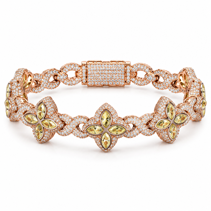 Iced Out Yellow Four Petal Flower Bracelet | Rose Gold Hip Hop Jewelry