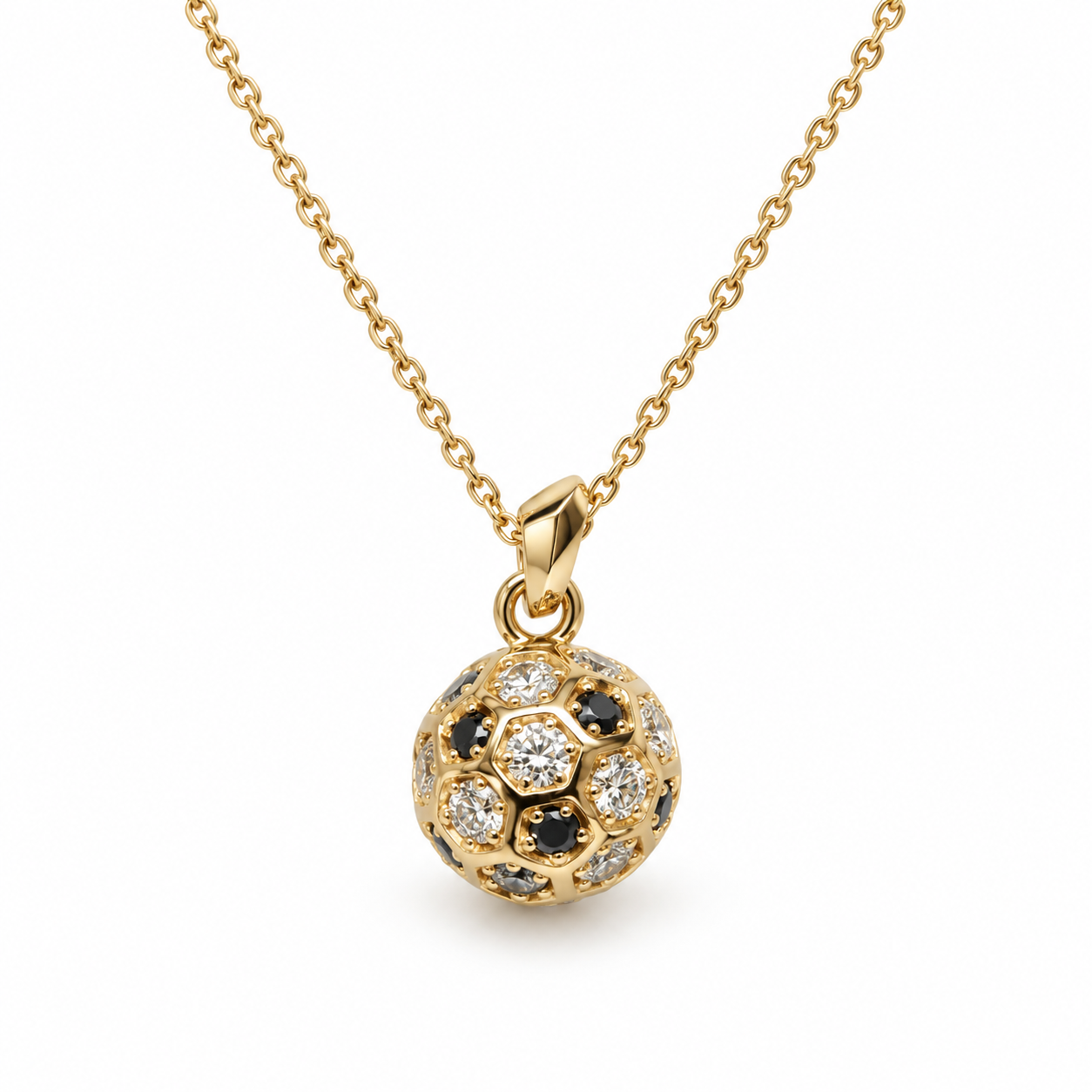 Black & White Stone Soccer Ball Yellow Gold Pendant Necklace