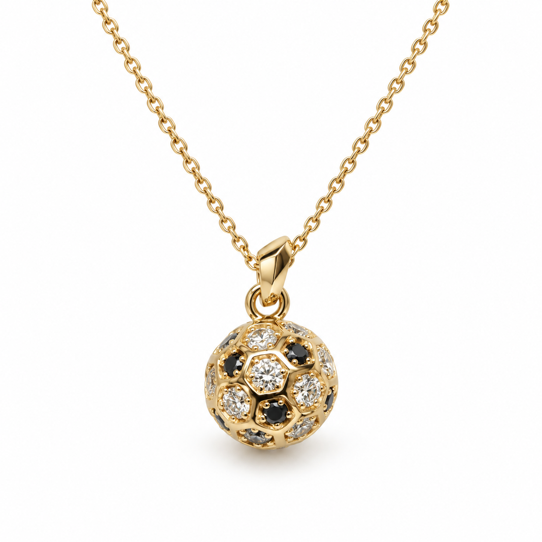 Black & White Stone Soccer Ball Yellow Gold Pendant Necklace