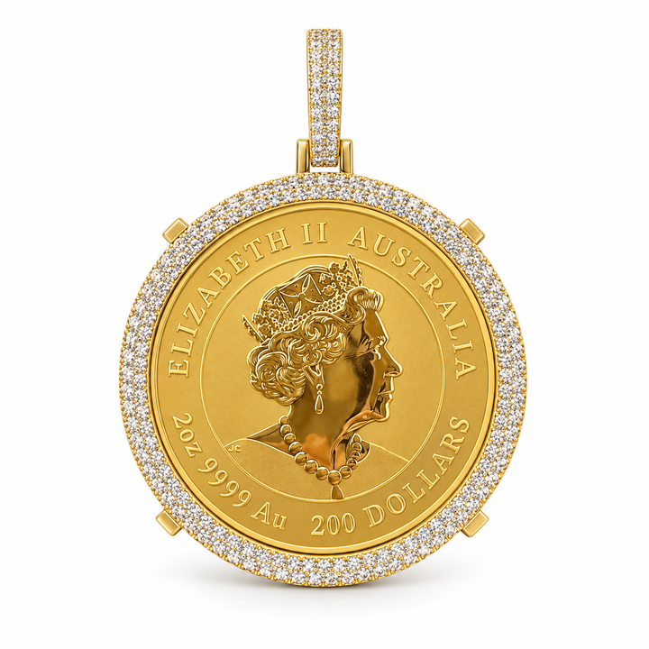 Queen Elizabeth II Australian Coin Style Pendant – Gold Tone Stone Halo Hip Hop Jewelry