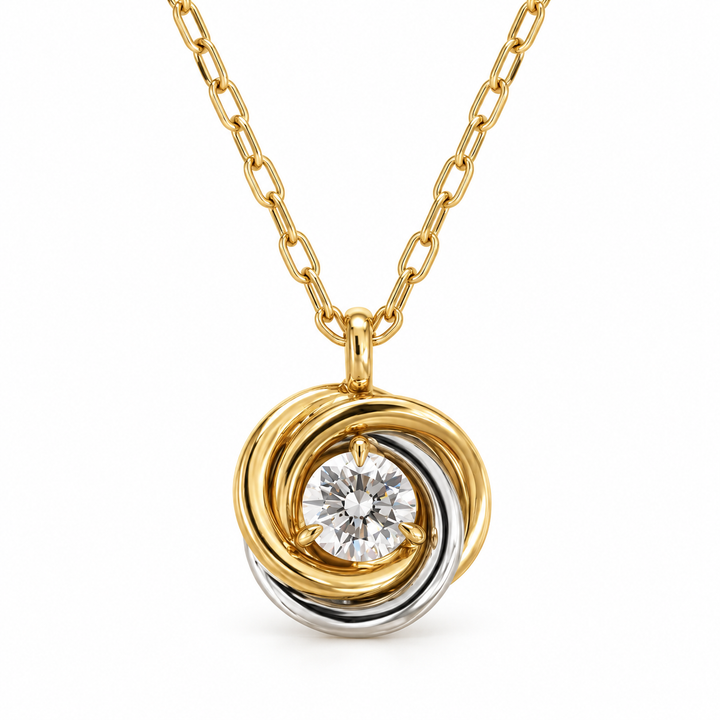 Two Tone Round Cut Solitaire Swirl Gold Pendant Necklace