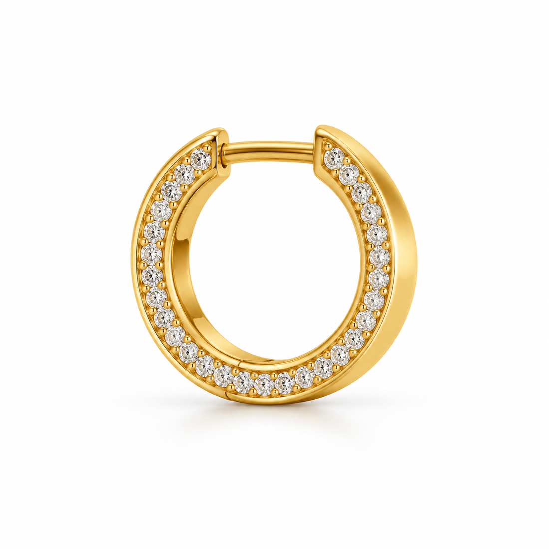 Men’s Single-Row Round Stone Yellow Gold-Tone Hoop Earring