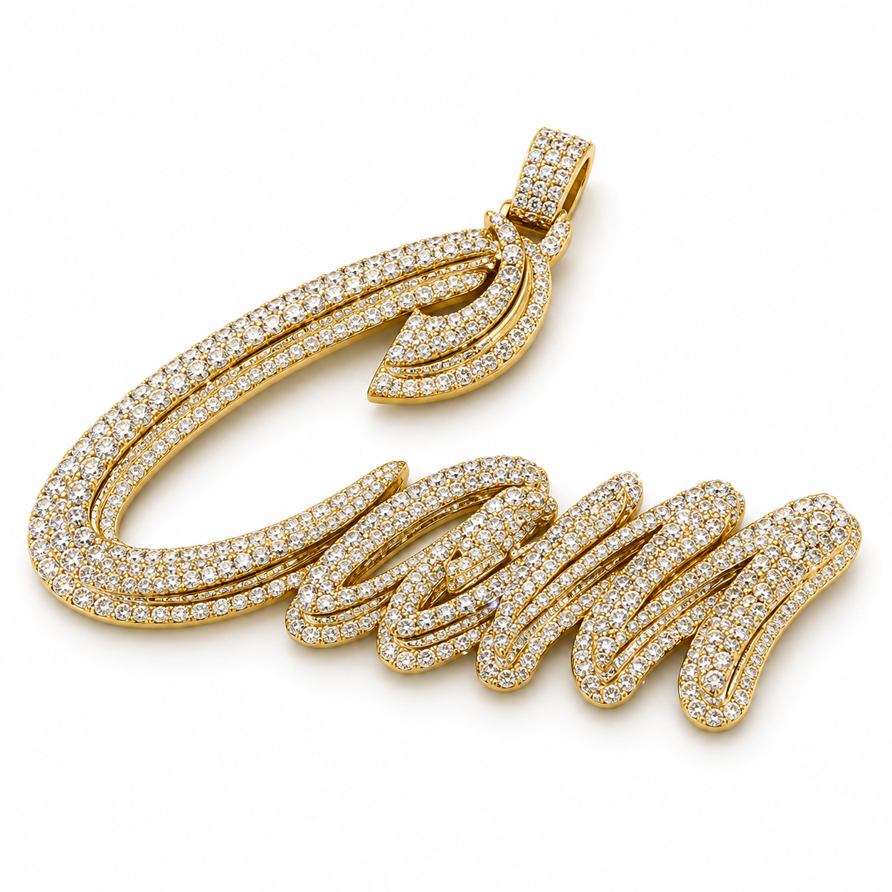 Cam Script Name Yellow Gold-Tone Pavé Pendant with Clear Round Stones