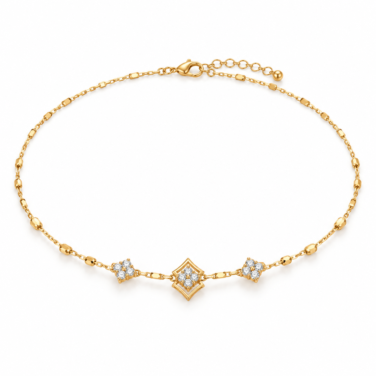 Three Floral Clover Station Yellow Gold Beaded Necklace