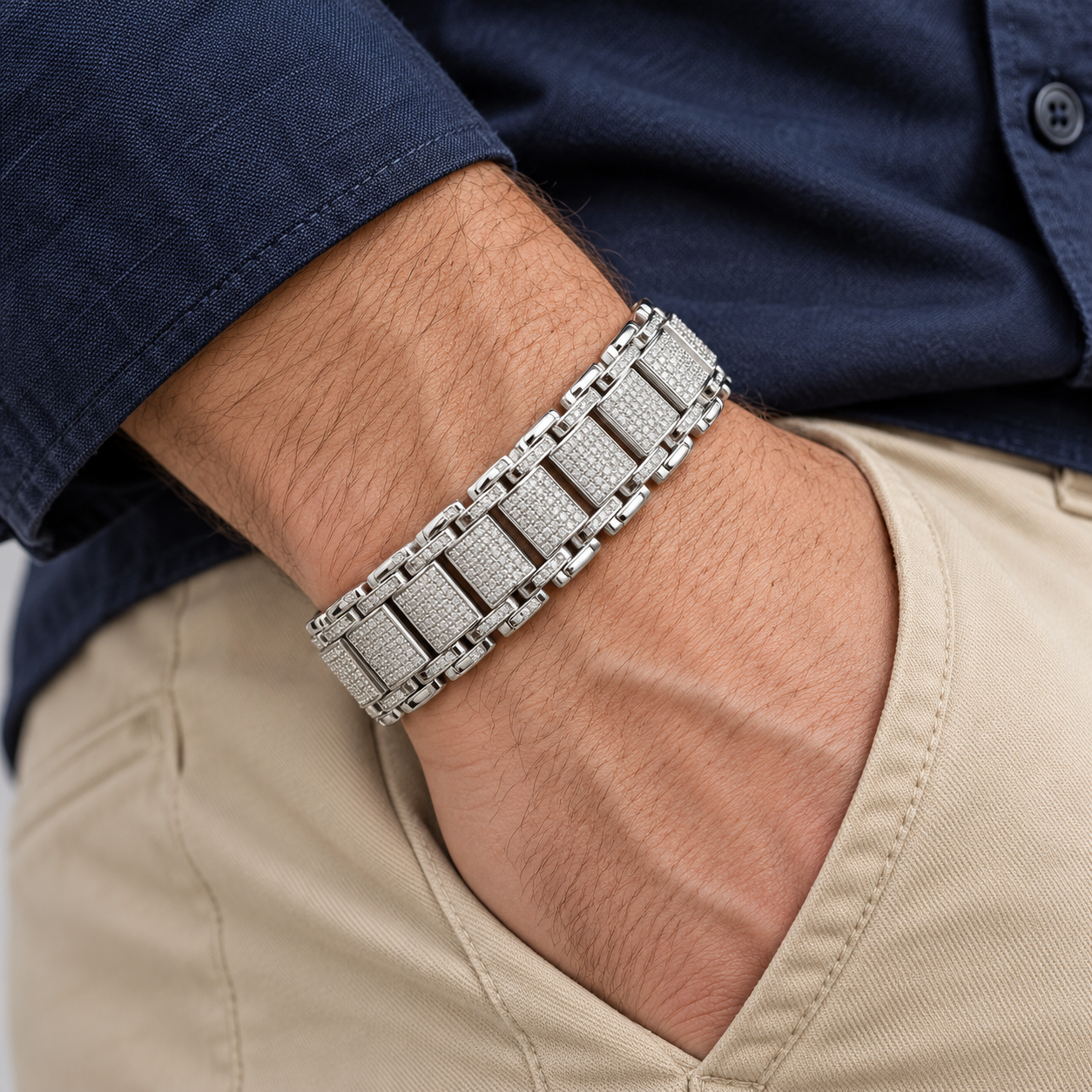 Men’s Silver-Tone Rectangular Pavé Panel Link Bracelet
