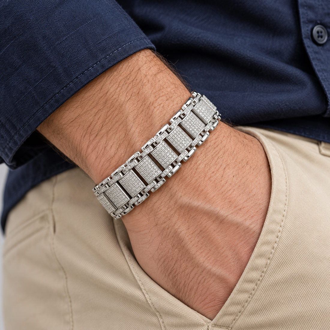 Men’s Silver-Tone Rectangular Pavé Panel Link Bracelet