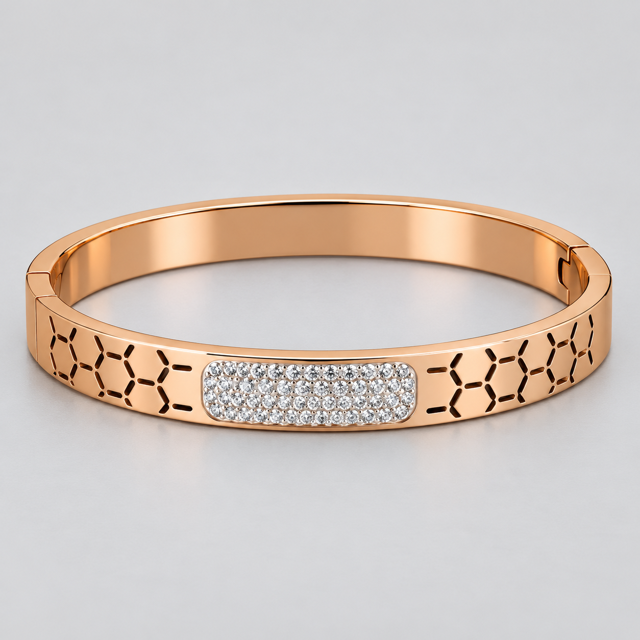 Rose Gold-Tone Honeycomb Cutout Bangle with Pavé Center Panel