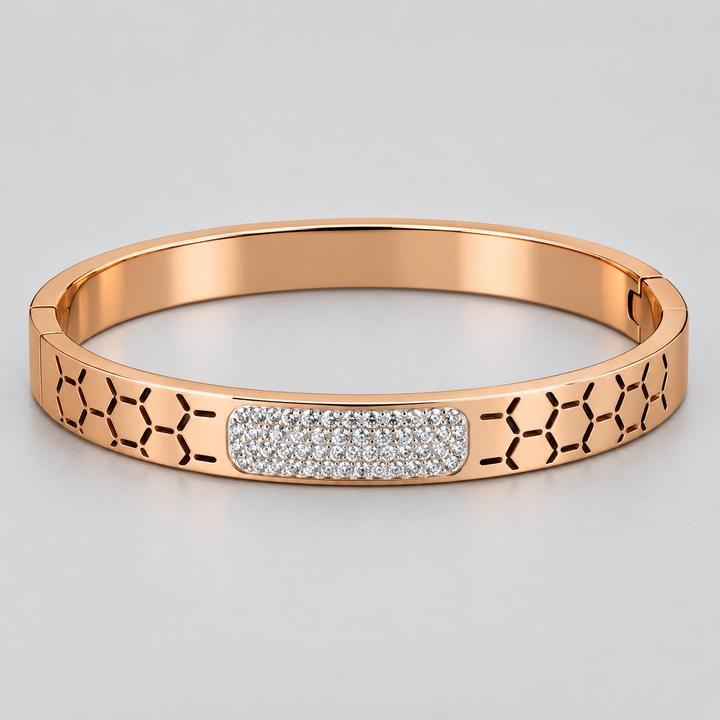 Rose Gold-Tone Honeycomb Cutout Bangle with Pavé Center Panel