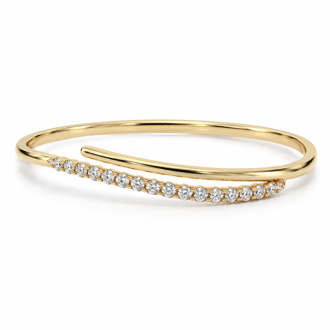 Clear Round Stone Bypass Yellow Gold-Tone Open Bangle Bracelet