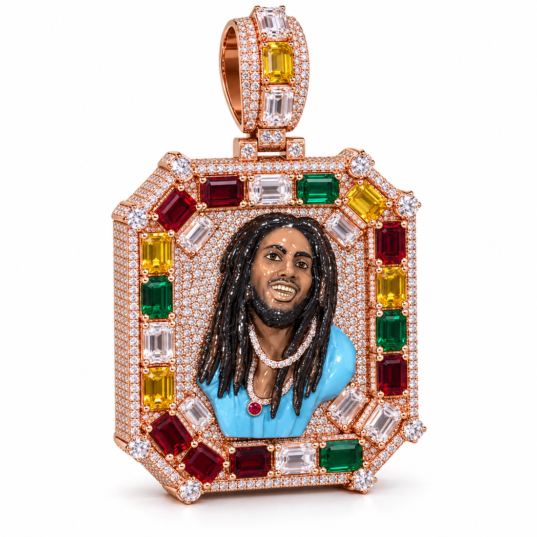 Multicolor Portrait Iced Out Rose Gold-Tone Pendant – Custom Hip Hop Statement Jewelry