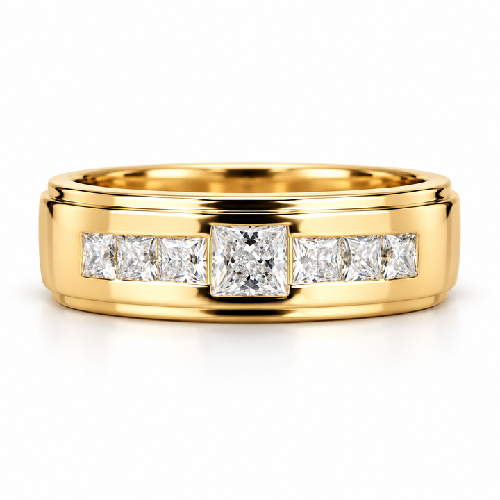 Seven Stone Princess Cut Yellow Gold-Tone Band Ring