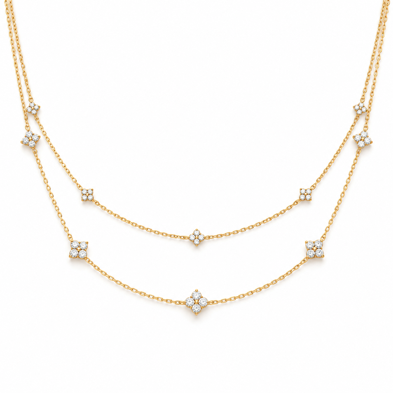 Double Layer Four Petal Clover Yellow Gold Station Necklace