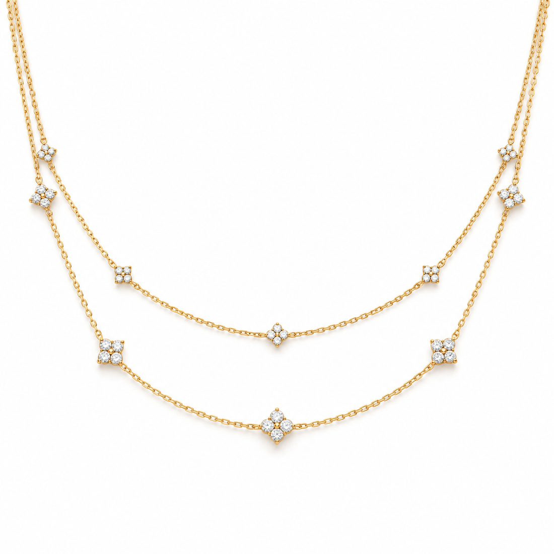 Double Layer Four Petal Clover Yellow Gold Station Necklace