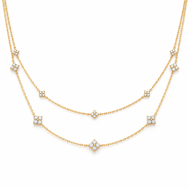Double Layer Four Petal Clover Yellow Gold Station Necklace