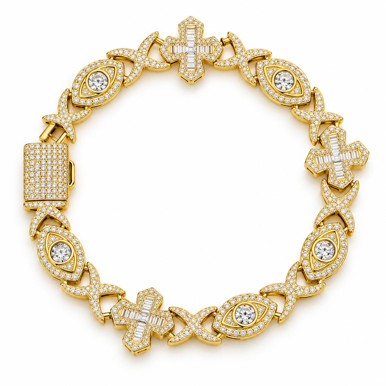 Iced Out Evil Eye & Cross Link Bracelet | Custom Hip Hop Jewelry