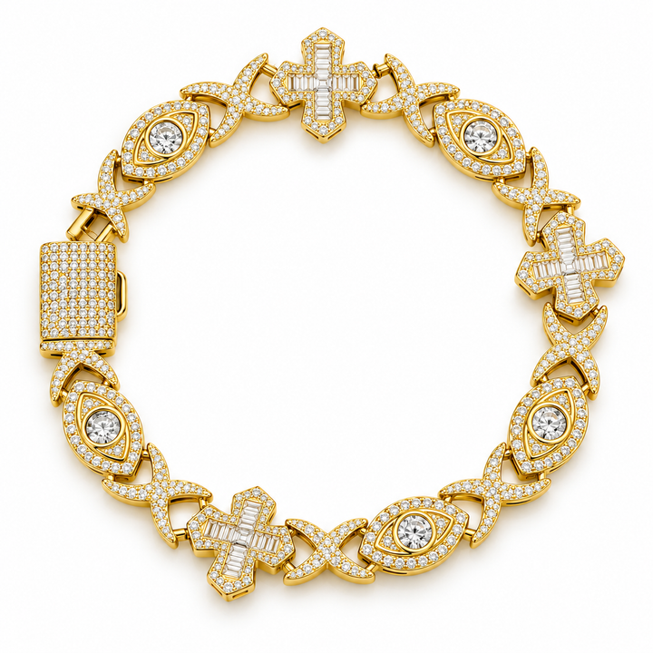Iced Out Evil Eye & Cross Link Bracelet | Custom Hip Hop Jewelry