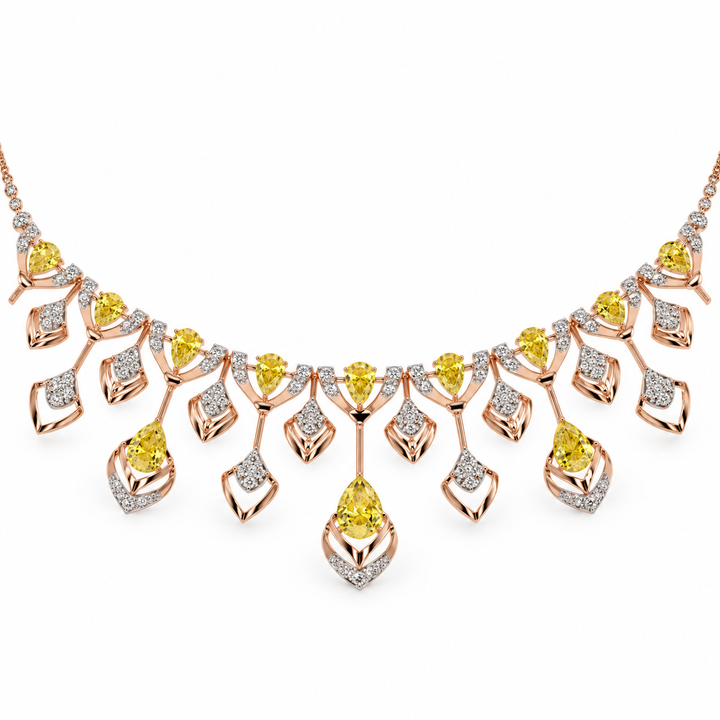 Yellow Pear Stone Fringe Necklace in Rose Gold Tone