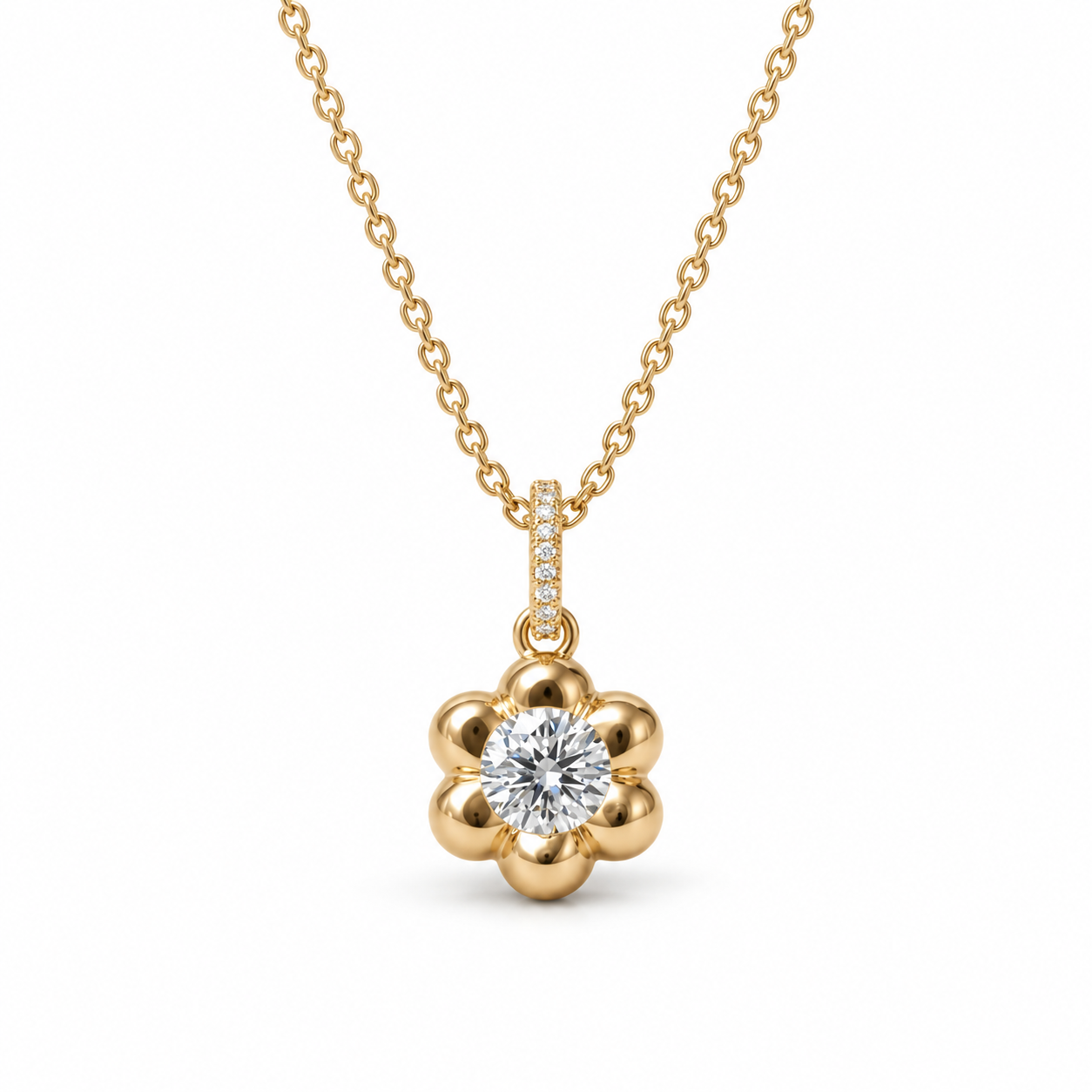 Round Cut Solitaire Six Petal Yellow Gold Flower Pendant Necklace