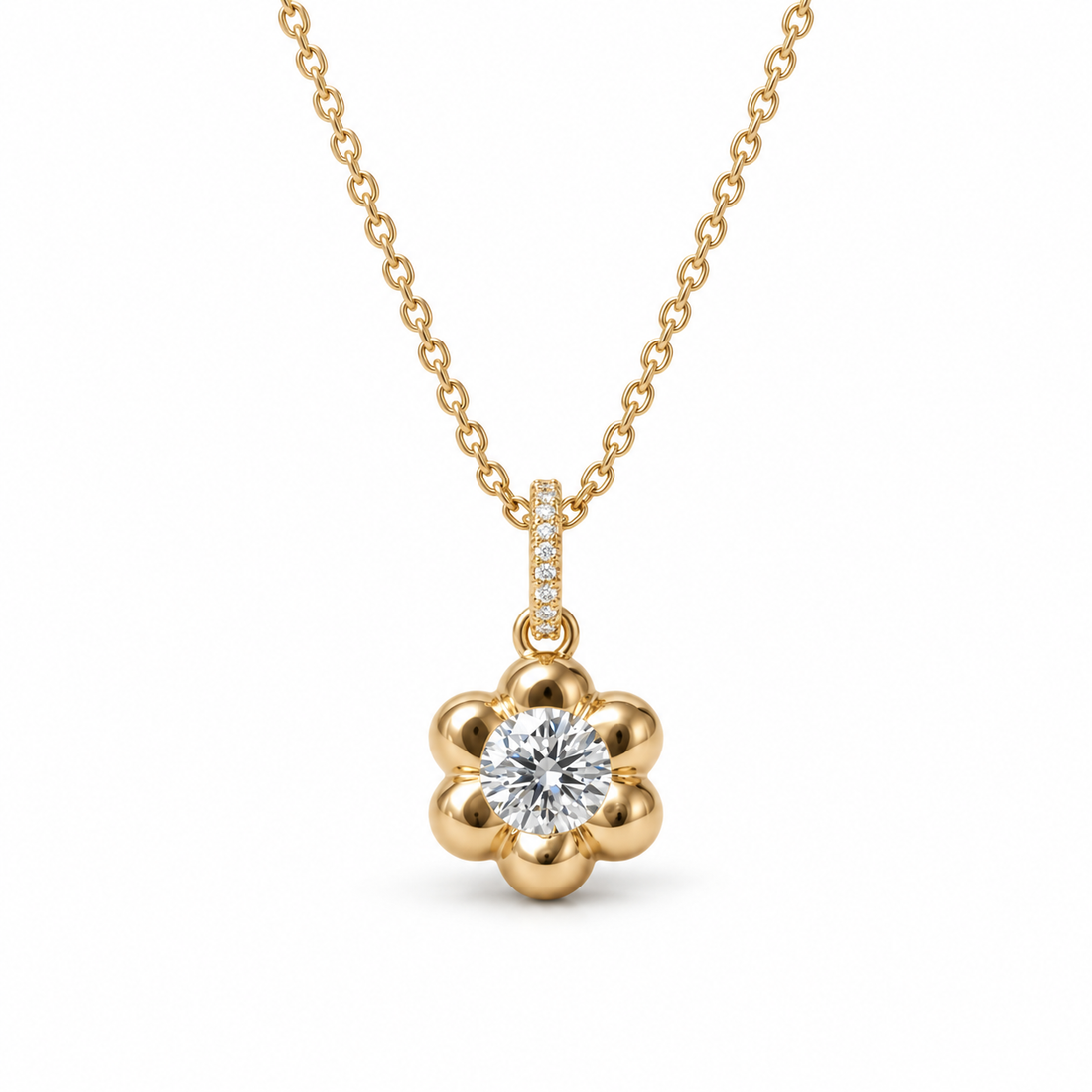 Round Cut Solitaire Six Petal Yellow Gold Flower Pendant Necklace