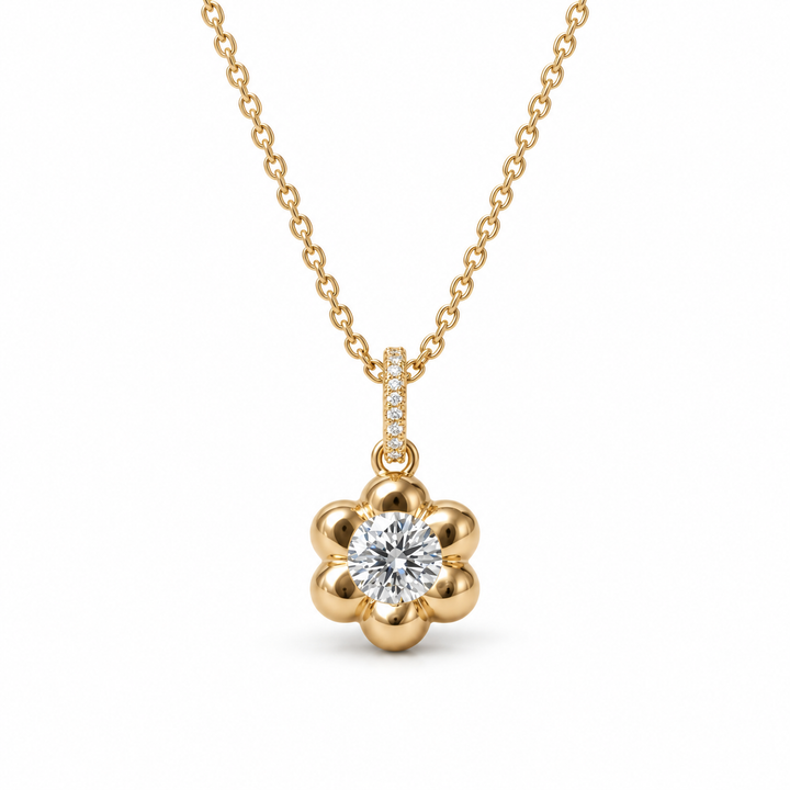 Round Cut Solitaire Six Petal Yellow Gold Flower Pendant Necklace