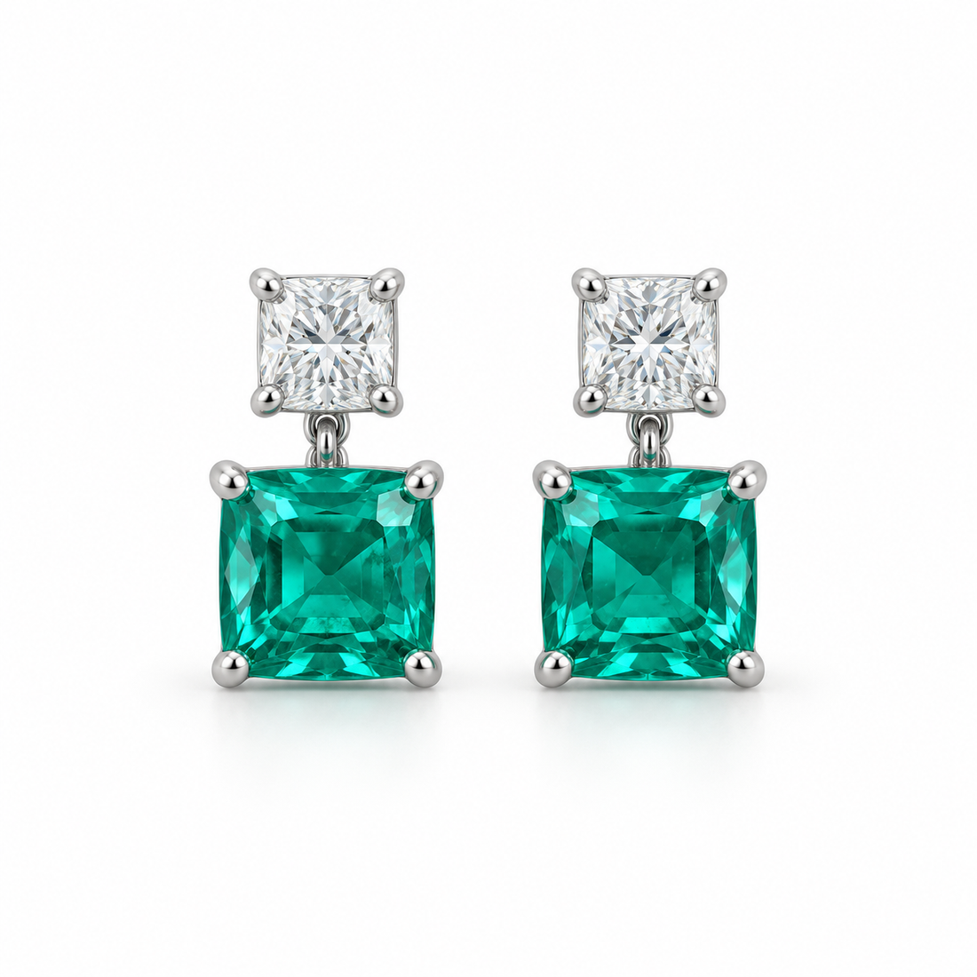 Green Square & Clear Princess Cut Two-Stone Drop Earrings