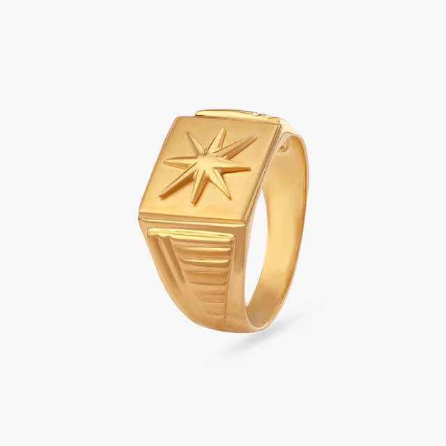 Starburst Embossed Textured Gold Men's Signet Ring