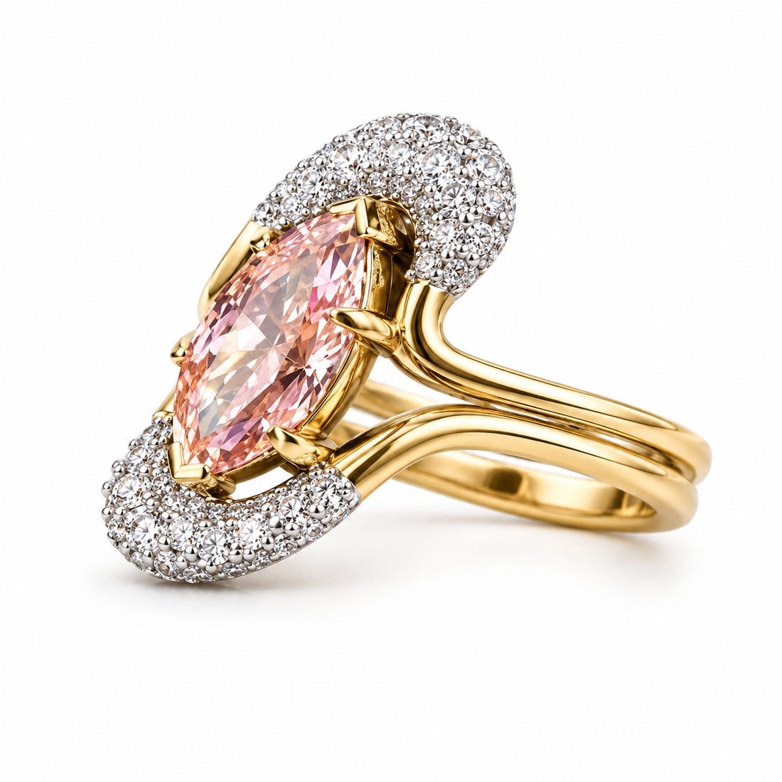 Women’s Pink Marquise Two-Tone Pavé Crescent Split-Shank Ring
