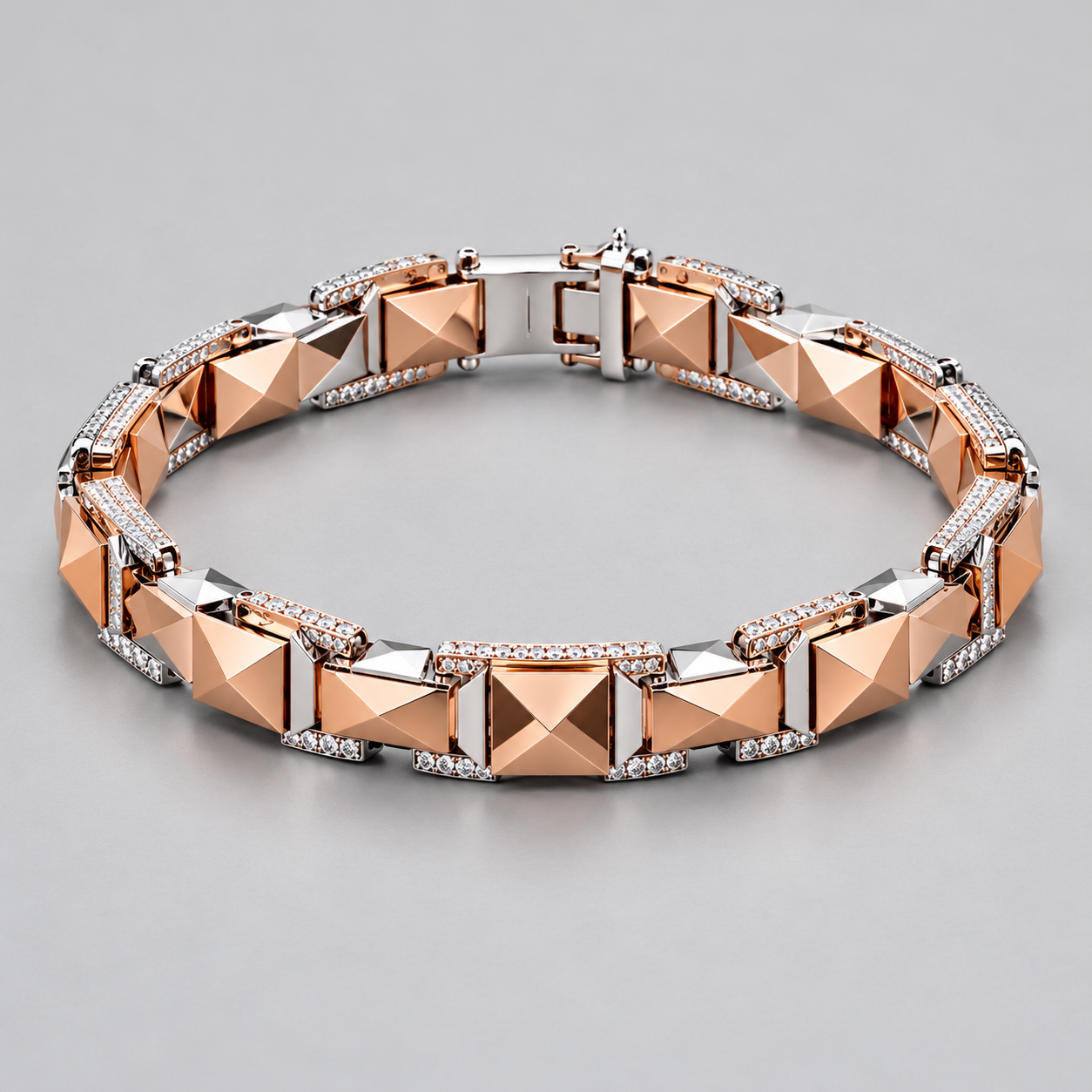 Two-Tone Rose Gold and Silver-Tone Pyramid Link Bracelet with Clear Stone Accents