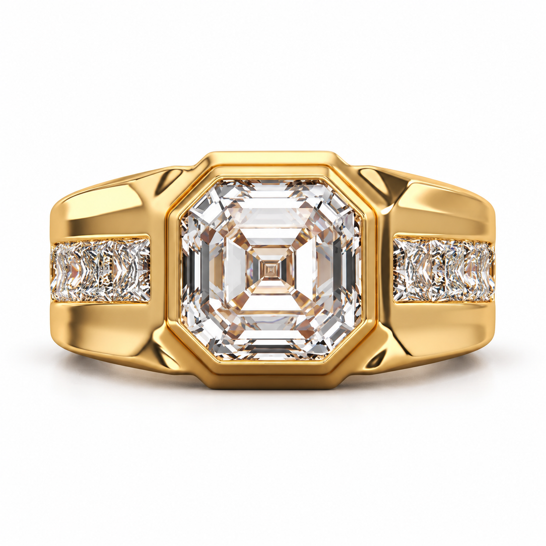 Asscher-Style Step Cut Yellow Gold-Tone Ring with Square Stone Shoulders