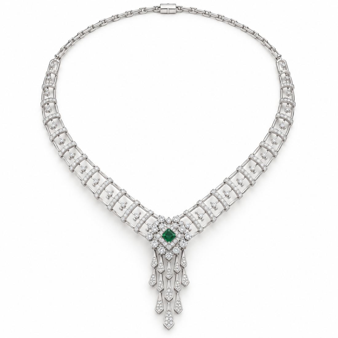 Green Princess Cut Diamond Fringe White Gold Statement Necklace