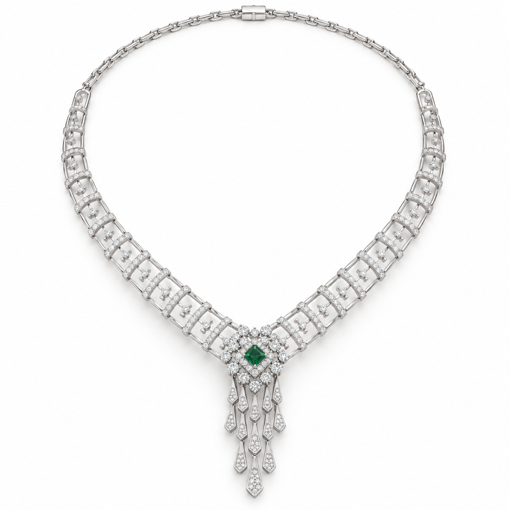 Green Princess Cut Diamond Fringe White Gold Statement Necklace
