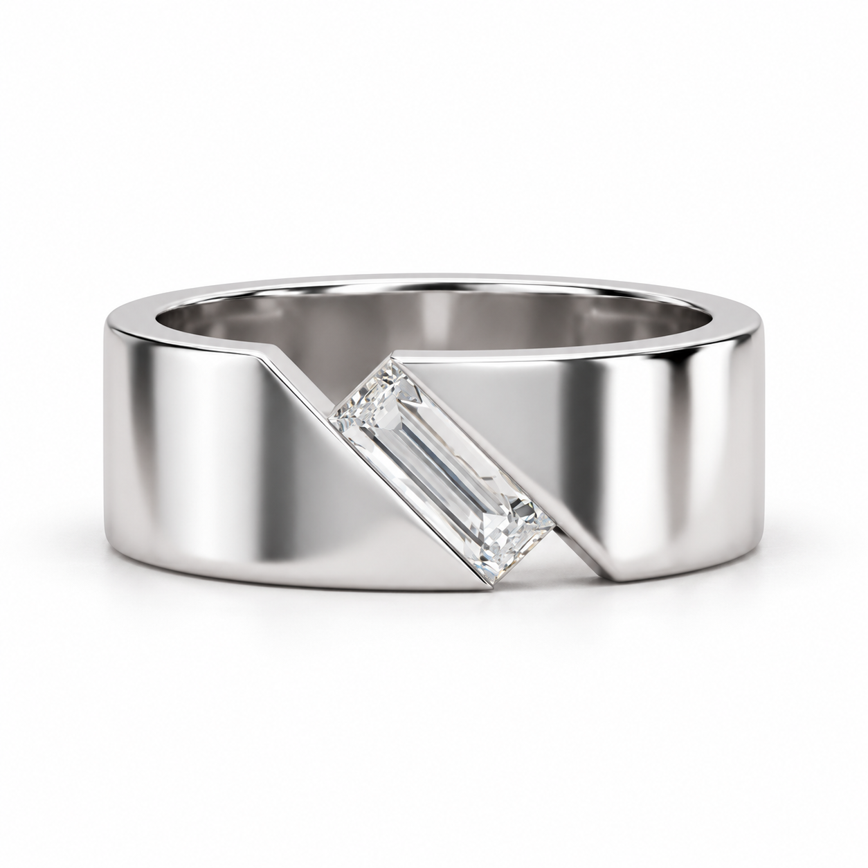 Diagonal Baguette Solitaire White Metal Wide Band Ring