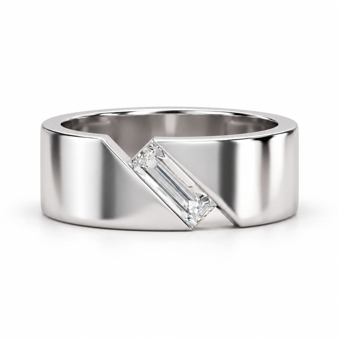 Diagonal Baguette Solitaire White Metal Wide Band Ring