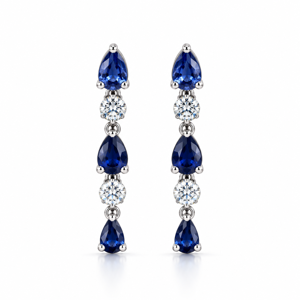 Blue Pear & Round White Stone Drop Earrings with Screw Backs