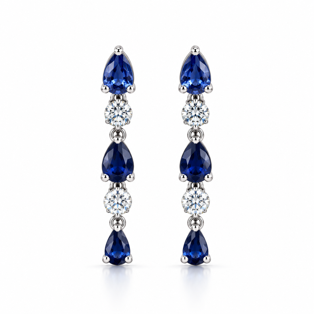 Blue Pear & Round White Stone Drop Earrings with Screw Backs