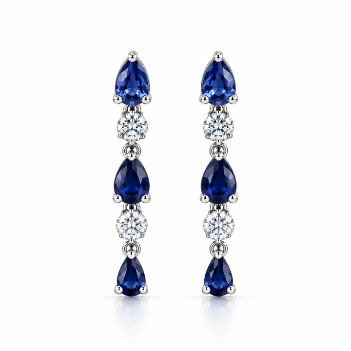 Blue Pear & Round White Stone Drop Earrings with Screw Backs