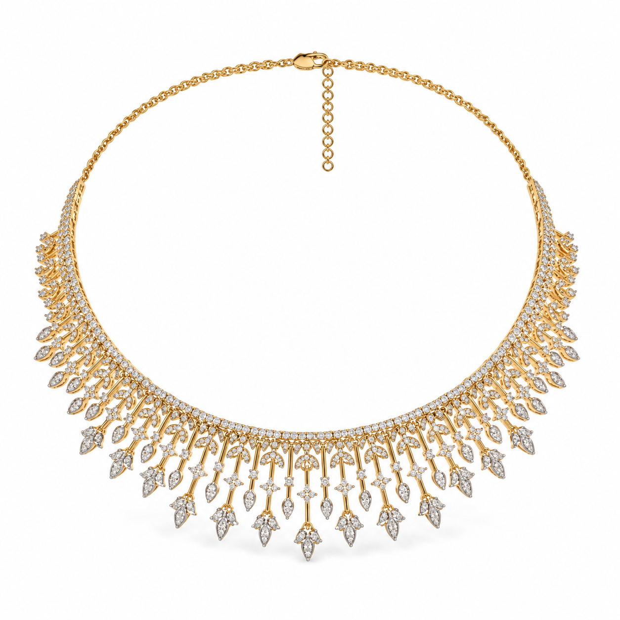Marquise Leaf Fringe Pavé Yellow Gold Bridal Statement Necklace