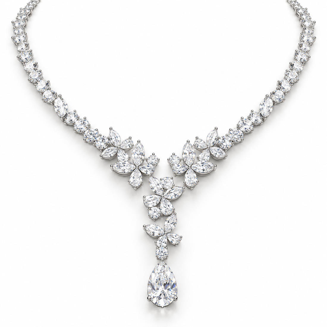 Marquise Floral Pear Drop White Gold Y Necklace