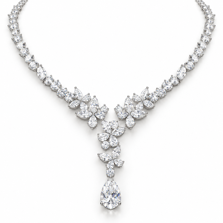 Marquise Floral Pear Drop White Gold Y Necklace