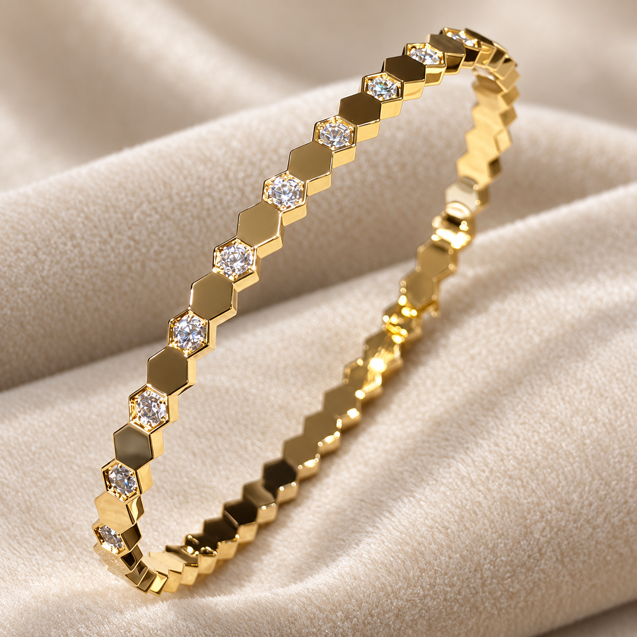 Clear Round Stone Alternating Hexagon Yellow Gold-Tone Bangle Bracelet