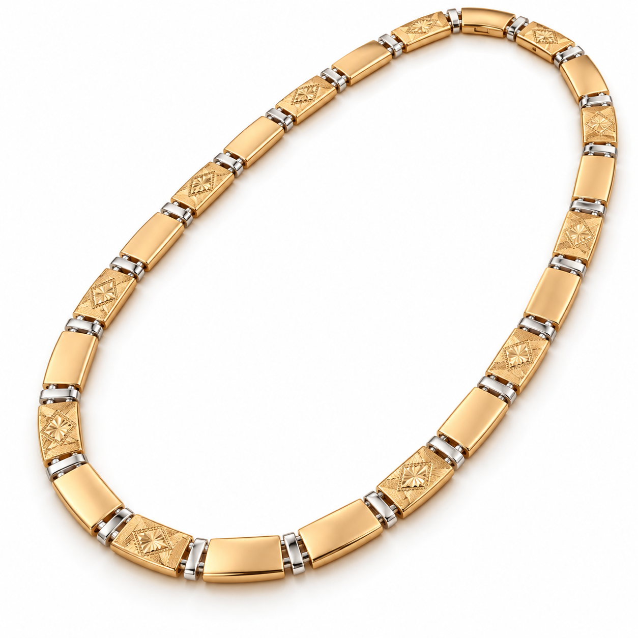 Two-Tone Engraved Starburst Link Necklace