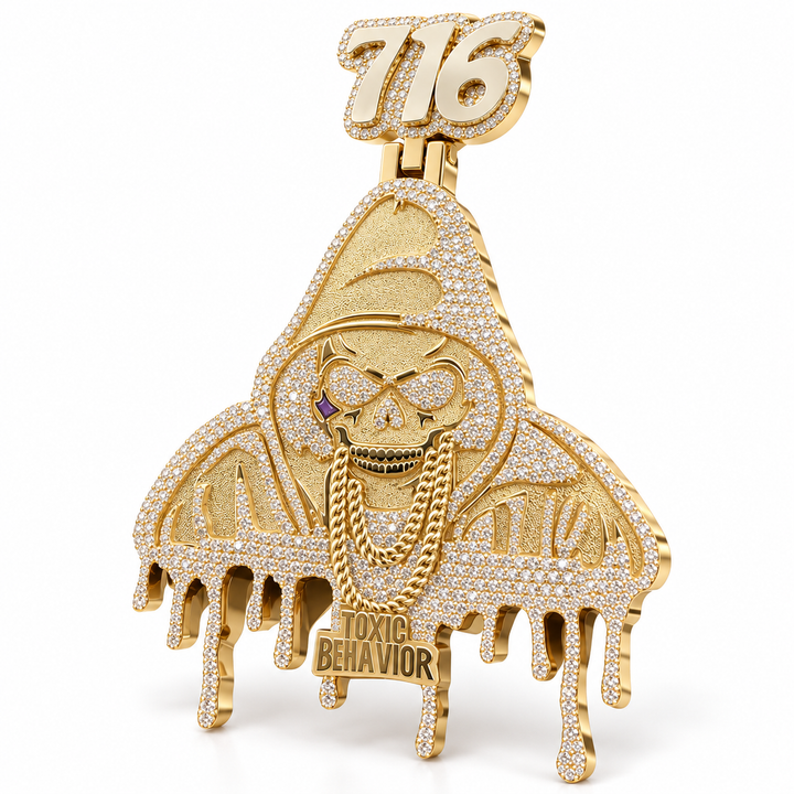 716 Hooded Skull Toxic Behavior Pendant – Custom Iced Out Gold Tone Hip Hop Jewelry