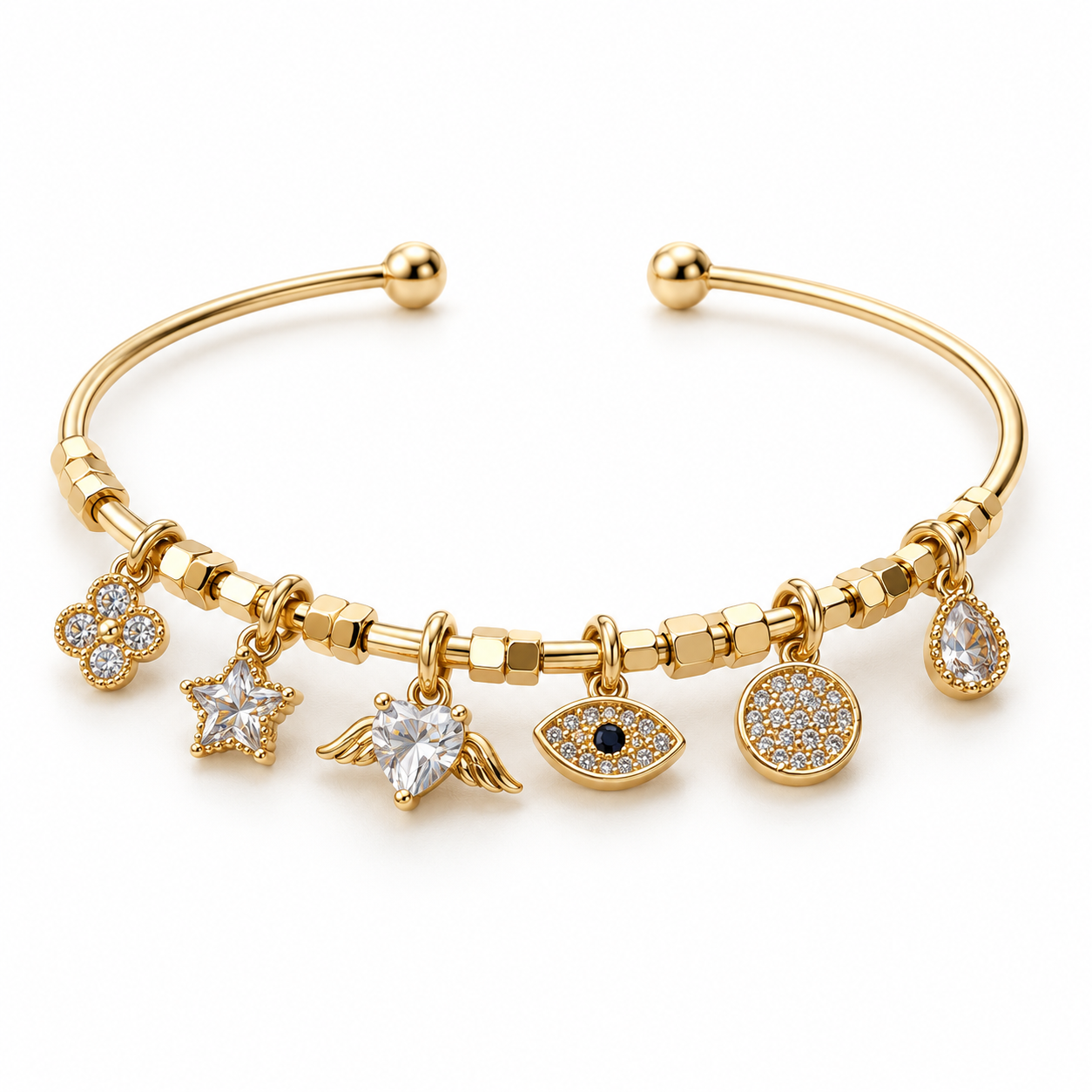 Clear Stone Winged Heart and Evil Eye Yellow Gold-Tone Charm Cuff Bracelet
