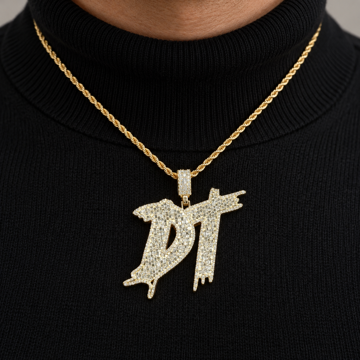 DT Initial Yellow Gold-Tone Pendant with Baguette and Round Stones in Dripping Graffiti Style