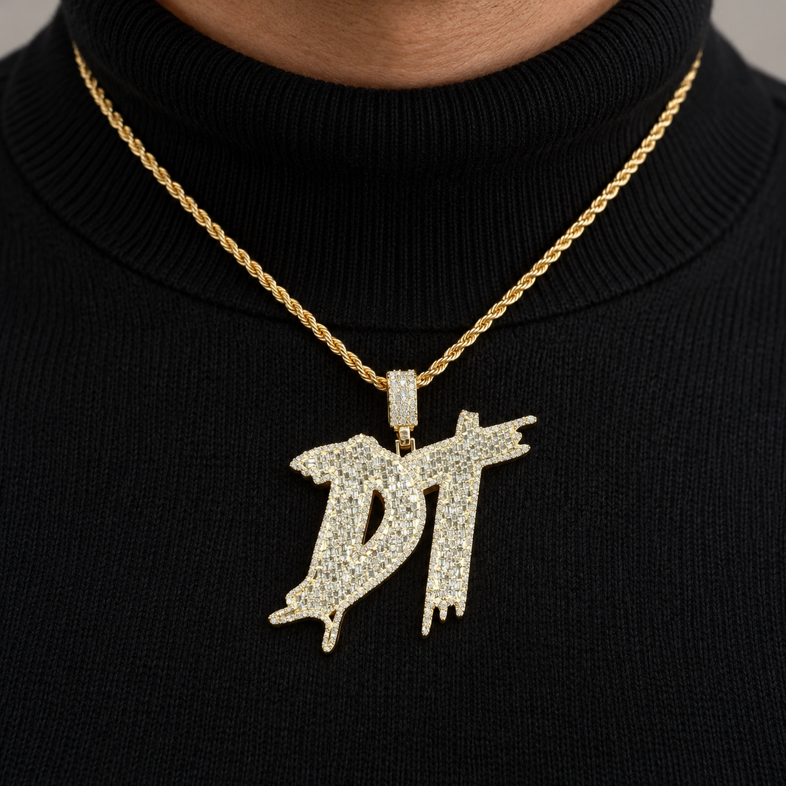 DT Initial Yellow Gold-Tone Pendant with Baguette and Round Stones in Dripping Graffiti Style