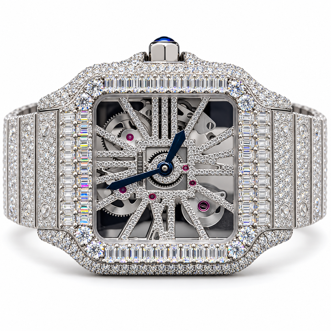 Iced Out Square Skeleton Baguette Bezel Watch – Custom Diamond Statement Watch