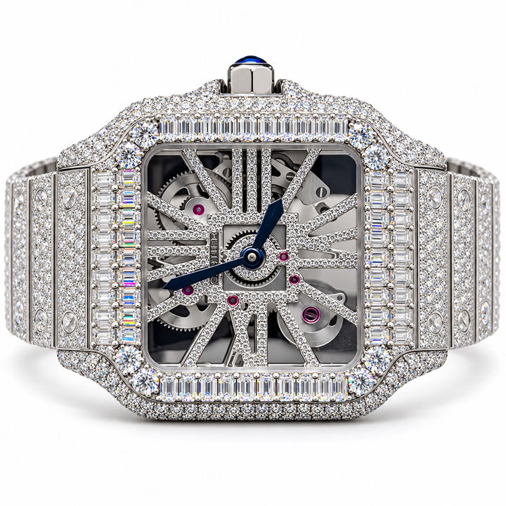 Iced Out Square Skeleton Baguette Bezel Watch – Custom Diamond Statement Watch